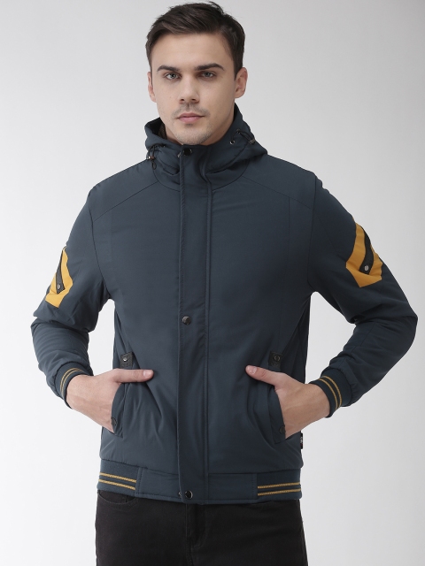 

Fort Collins Men Navy Blue Solid Hooded Bomber Jacket