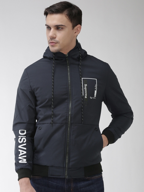 

Fort Collins Men Navy Blue Solid Hooded Bomber Jacket