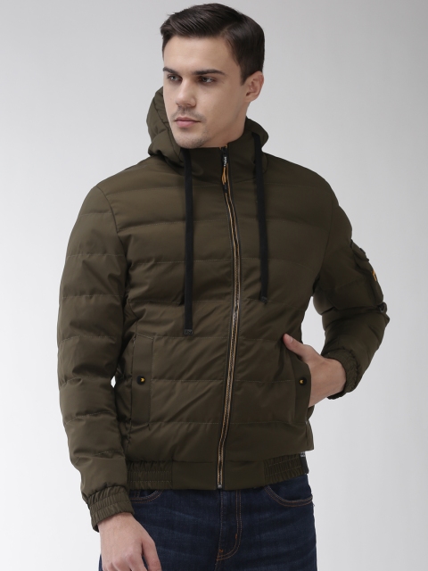 

Fort Collins Men Olive Green Solid Hooded Bomber Jacket