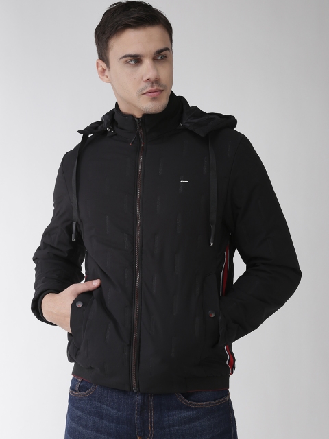 

Fort Collins Men Black Self Design Detachable Hood Bomber Jacket