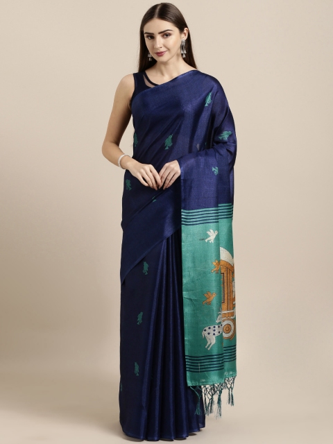 

GoSriKi Navy Blue & Teal Green Art Silk Woven Design Khadi Saree