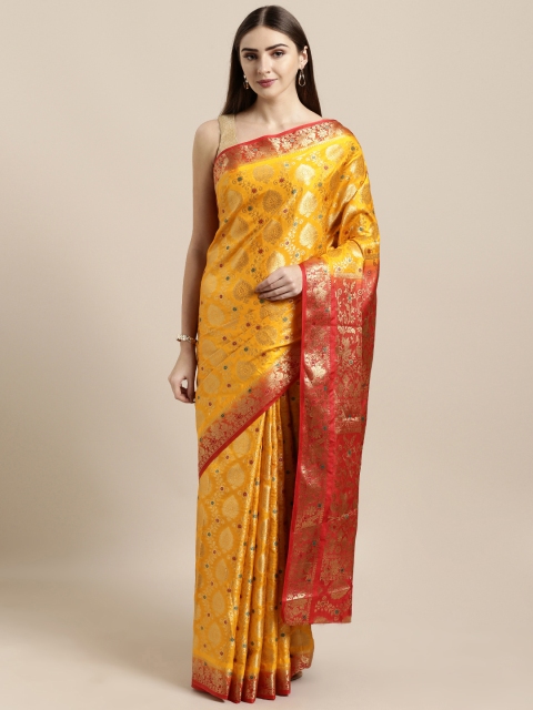 

GoSriKi Mustard Yellow & Red Silk Blend Woven Design Kanjeevaram Saree