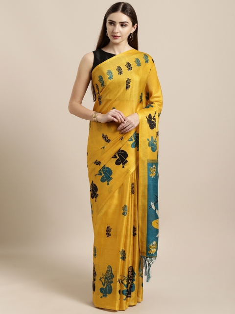 

GoSriKi Yellow & Teal Blue Art Silk Printed Khadi Saree
