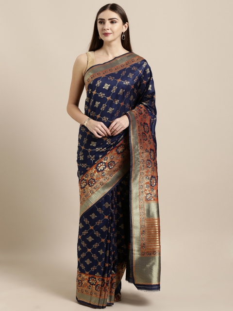 

GoSriKi Navy Blue Silk Blend Woven Design Kanjeevaram Saree