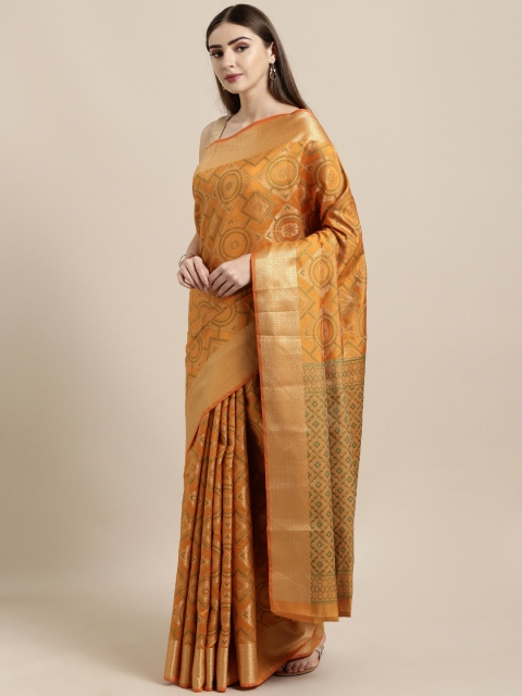 

GoSriKi Mustard Yellow Silk Blend Woven Design Kanjeevaram Saree