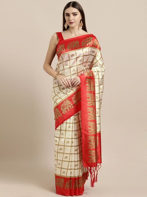 

GoSriKi Off-White & Red Art Silk Printed Mysore Silk Saree