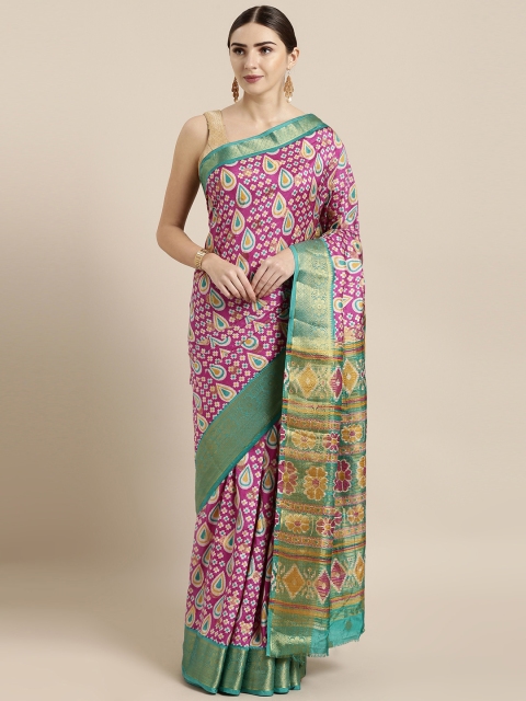 

GoSriKi Yellow & Magenta Linen Blend Printed Saree