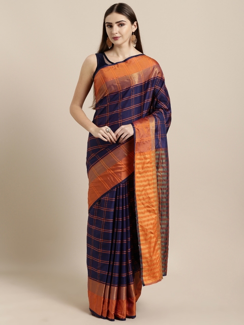 

GoSriKi Navy Blue & Orange Art Silk Woven Design Checked Ikat Saree