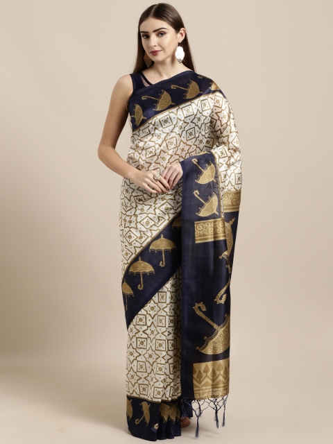 

GoSriKi Navy Blue & Off-White Art Silk Woven Design Mysore Silk Saree