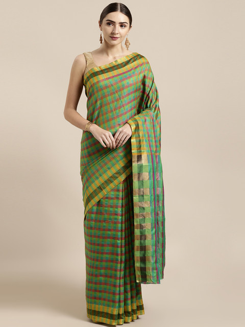 

GoSriKi Green & Red Art Silk Checked Ikat Saree