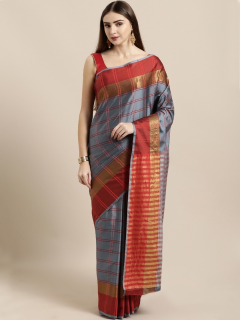 

KALINI Grey & Red Art Silk Checked Mysore Silk Saree