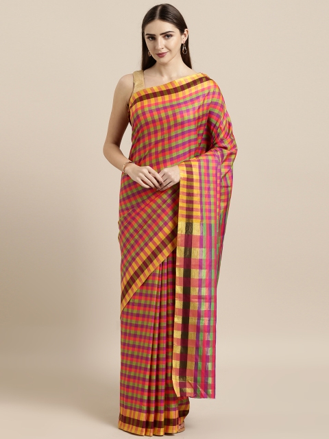 

GoSriKi Pink & Green Art Silk Checked Saree