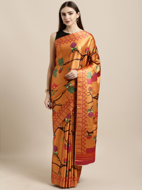 

GoSriKi Rust Orange & Brown Art Silk Printed Mysore Silk Saree