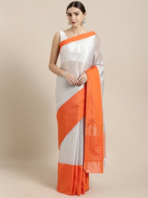 

GoSriKi Grey & Orange Jute Silk Checked Mysore Silk Saree