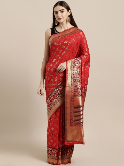 

GoSriKi Red & Gold-Toned Silk Blend Woven Design Kanjeevaram Saree
