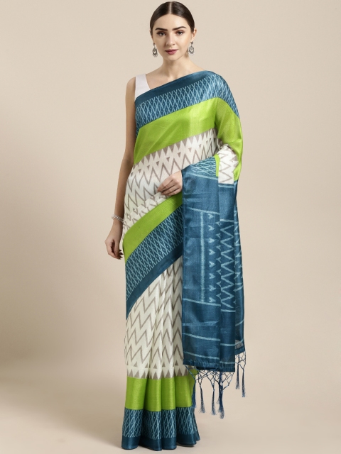 

GoSriKi Off-White & Green Silk Cotton Printed Khadi Saree