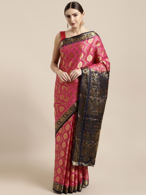 

GoSriKi Pink & Gold-Toned Silk Blend Woven Design Kanjeevaram Saree