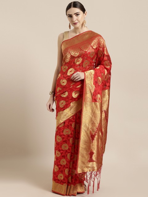 

GoSriKi Red & Gold-Toned Art Silk Woven Design Kota Saree
