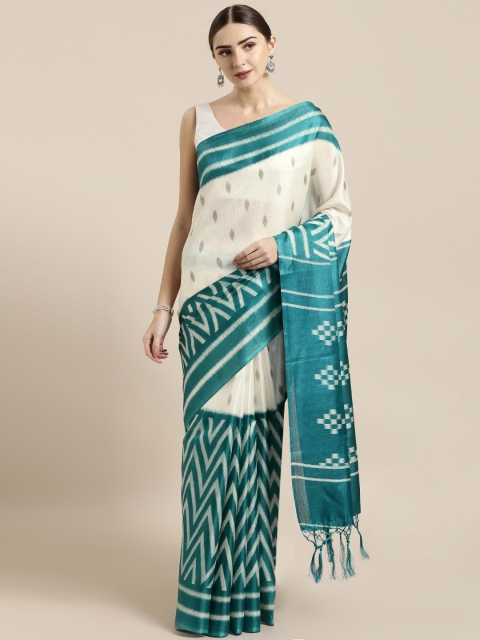 

GoSriKi Off-White & Green Silk Cotton Printed Khadi Saree