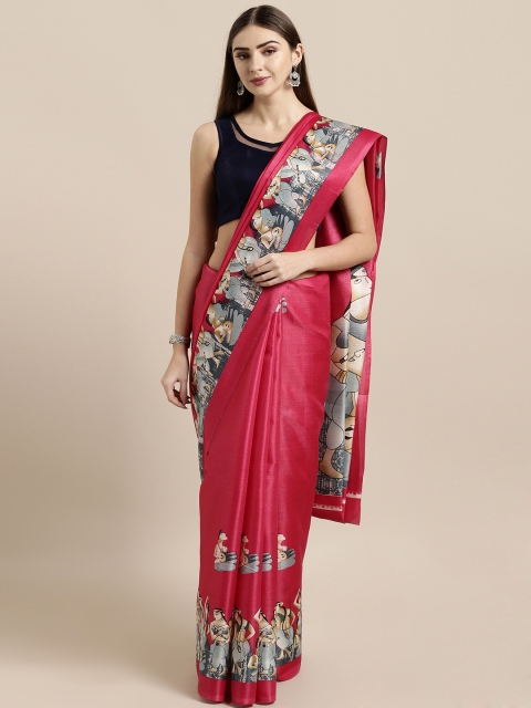 

GoSriKi Pink Silk Blend Solid Khadi Saree
