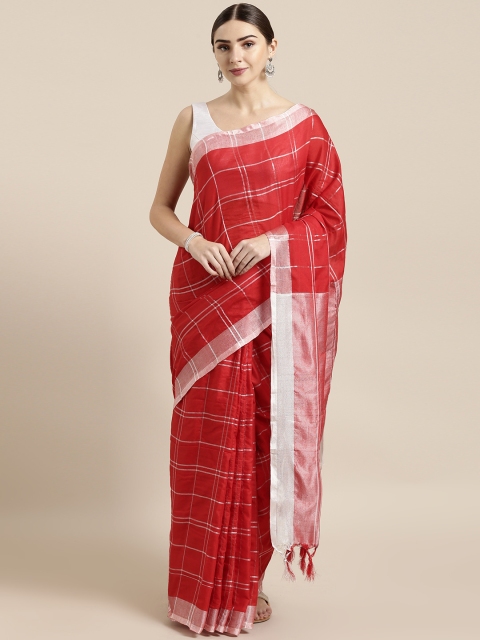 

GoSriKi Red & Silver-Toned Art Silk Checked Ikat Saree