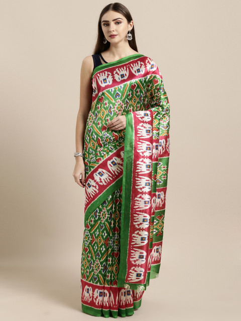

GoSriKi Green & Pink Art Silk Printed Mysore Silk Saree