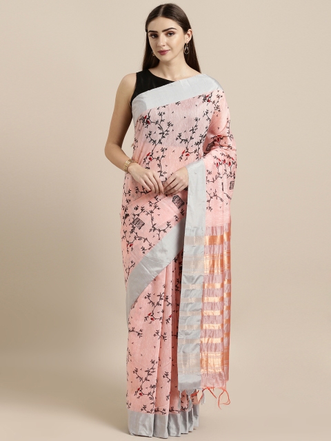 

GoSriKi Pink & Black Linen Blend Printed Chanderi Saree