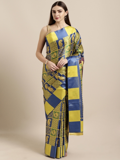 

GoSriKi Yellow & Blue Art Silk Checked Saree