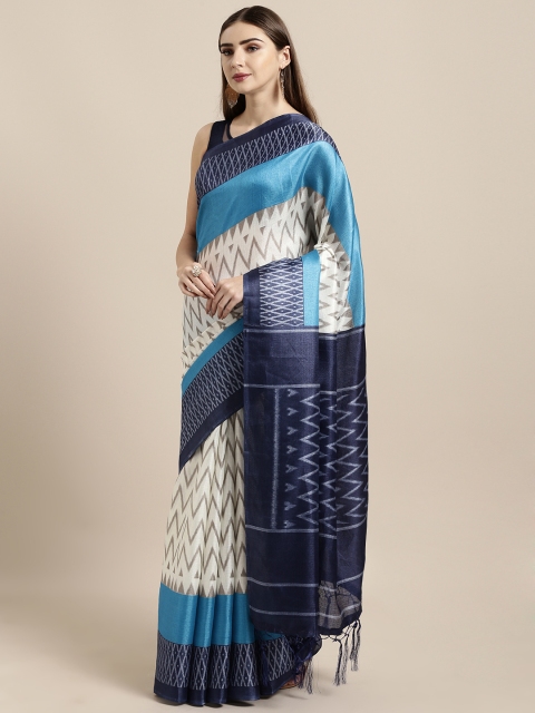 

GoSriKi Off-White & Navy Blue Silk Cotton Printed Khadi Saree