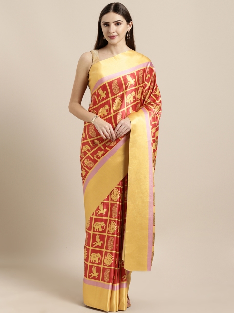 

GoSriKi Mustard Yellow & Red Art Silk Checked Mysore Silk Saree