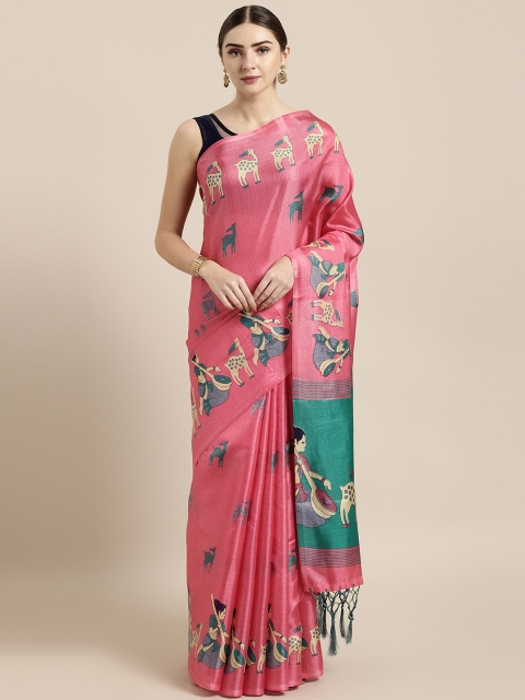 

GoSriKi Pink Silk Blend Printed Khadi Saree
