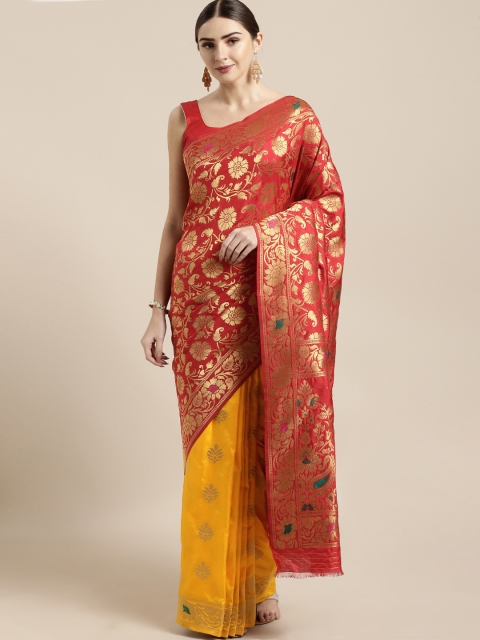 

GoSriKi Mustard Yellow & Red Art Silk Woven Design Kanjeevaram Saree