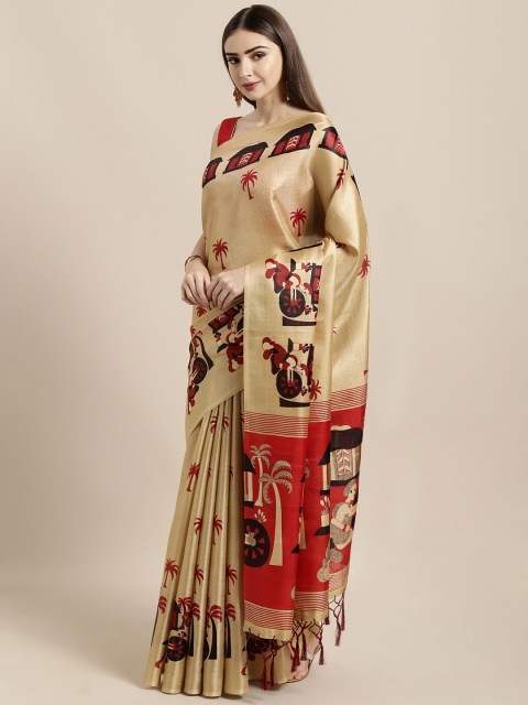 

GoSriKi Beige Silk Blend Printed Khadi Saree