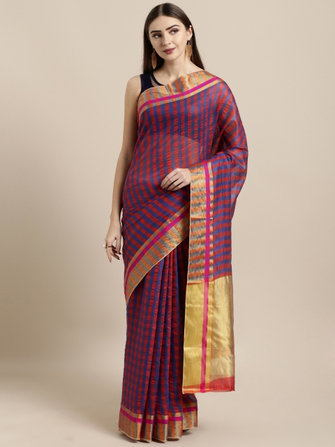 

GoSriKi Red & Navy Blue Art Silk Woven Design Checked Ikat Saree