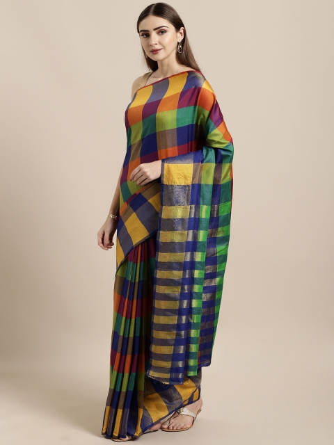 

GoSriKi Green & Blue Checked Art Silk Saree