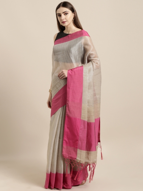 

GoSriKi Pink & Beige Art Silk Solid Saree