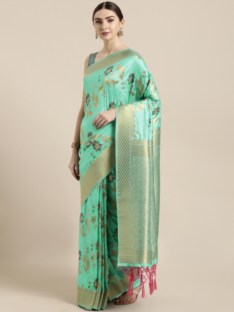 

GoSriKi Green Silk Blend Woven Design Kanjeevaram Saree