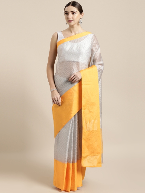 

GoSriKi Grey & Yellow Jute Silk Checked Mysore Silk Saree
