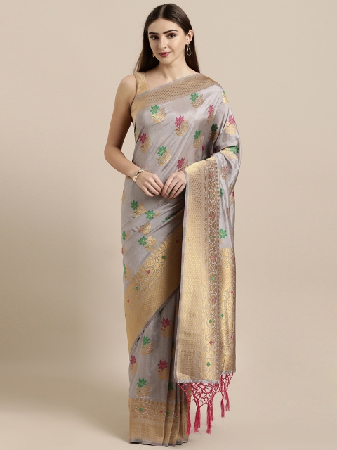 

GoSriKi Grey & Gold-Toned Art Silk Woven Design Kanjeevaram Saree