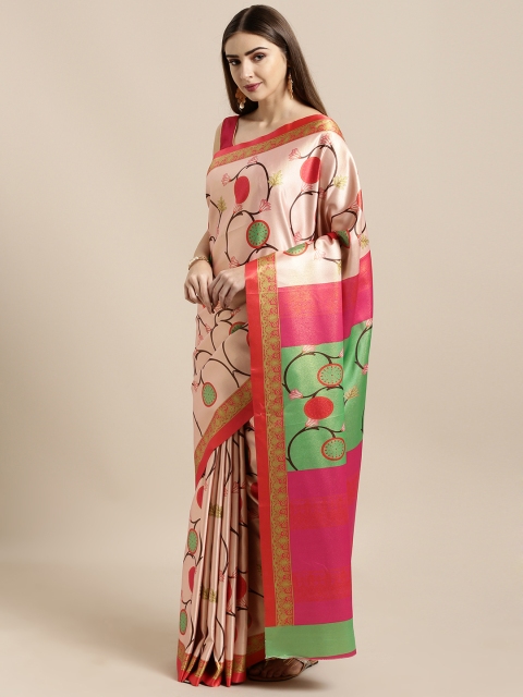 

GoSriKi Peach-Coloured & Green Art Silk Printed Mysore Silk Saree