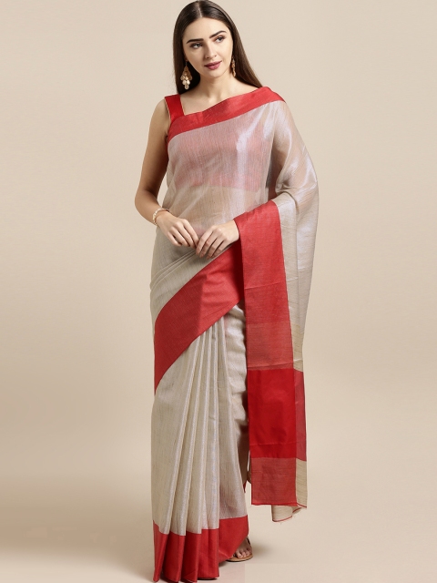 

GoSriKi Beige & Red Art Silk Solid Saree