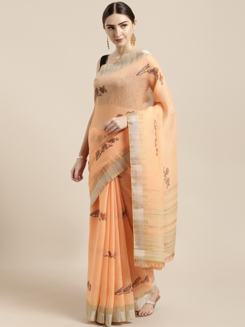 

GoSriKi Peach-Coloured Printed Linen Blend Saree