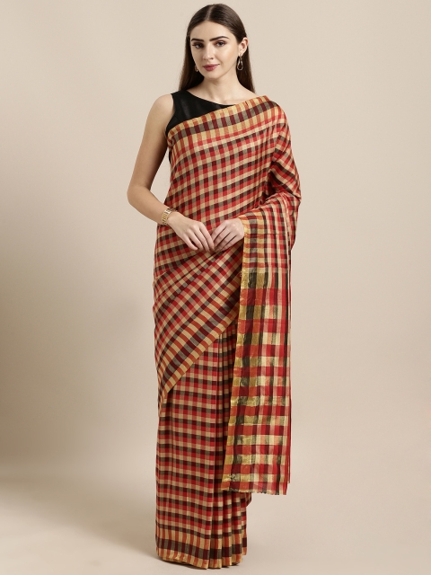 

GoSriKi Beige & Red Art Silk Checked Ikat Saree