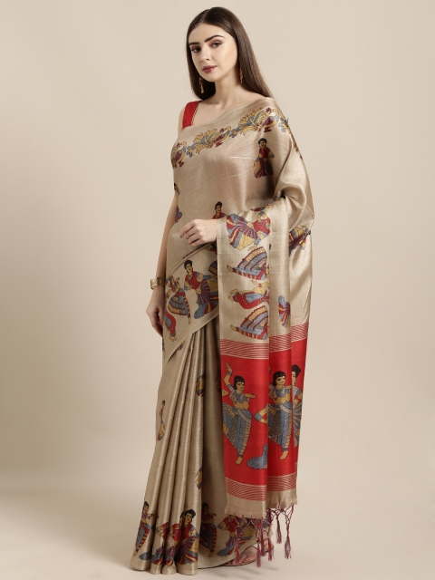 

GoSriKi Beige Silk Blend Printed Khadi Saree