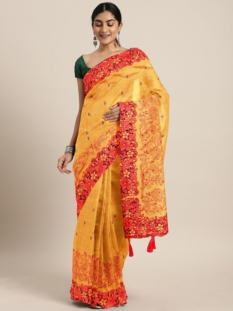 

The Chennai Silks Classicate Mustard Yellow & Orange Silk Blend Embroidered Banarasi Saree