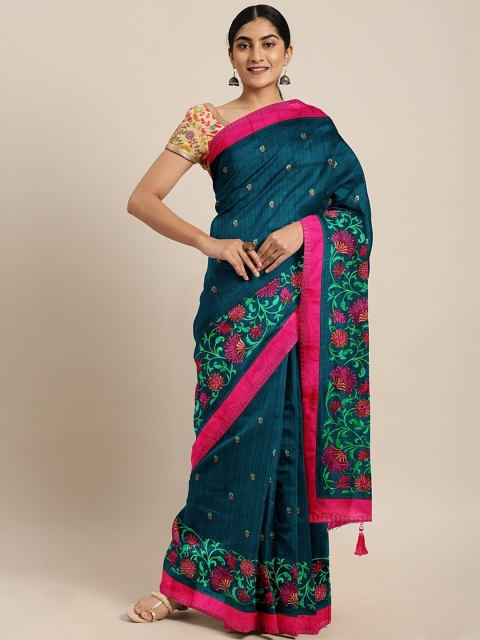 

The Chennai Silks Teal Blue Silk Blend Embroidered Banarasi Saree