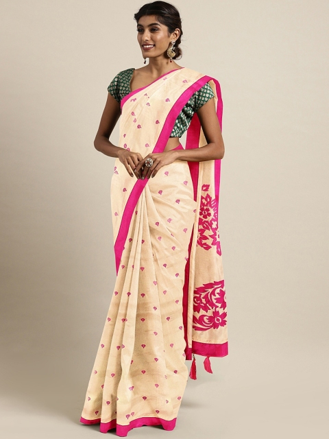

The Chennai Silks Cream-Coloured & Pink Silk Blend Embroidered Banarasi Saree