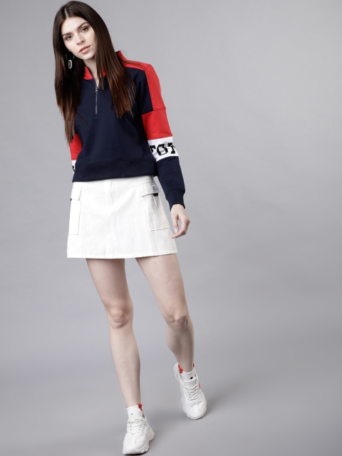 

Tokyo Talkies Women Navy Blue & Red Colourblocked Sweatshirt