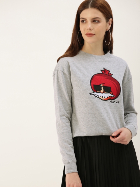 

NUSH Women Grey Melange Embroidered Sweatshirt
