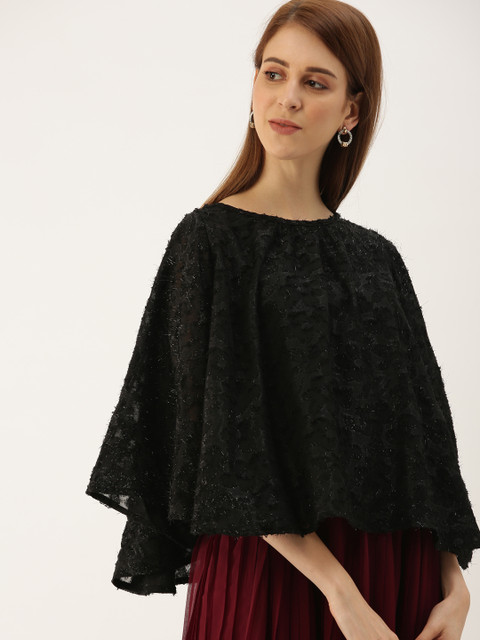 

NUSH Women Black Self Design Cape Top